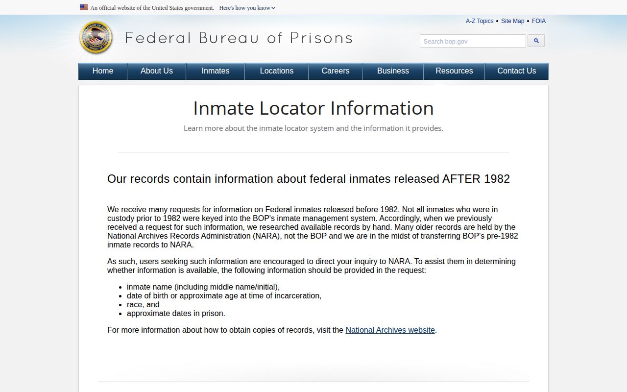 BOP about records page explaining release date and custody status meanings