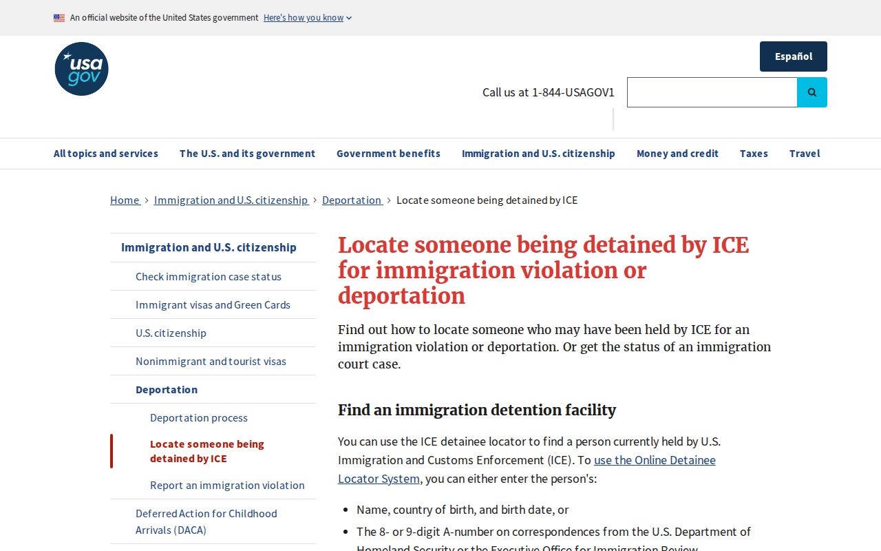 USA.gov instructions for finding someone detained by ICE