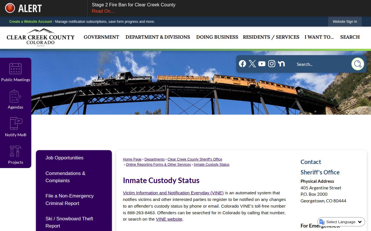Colorado VINE county guidance showing the release notification phone number