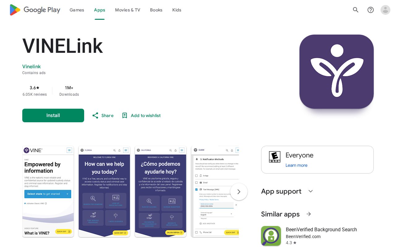 VINELink app notification channel source page