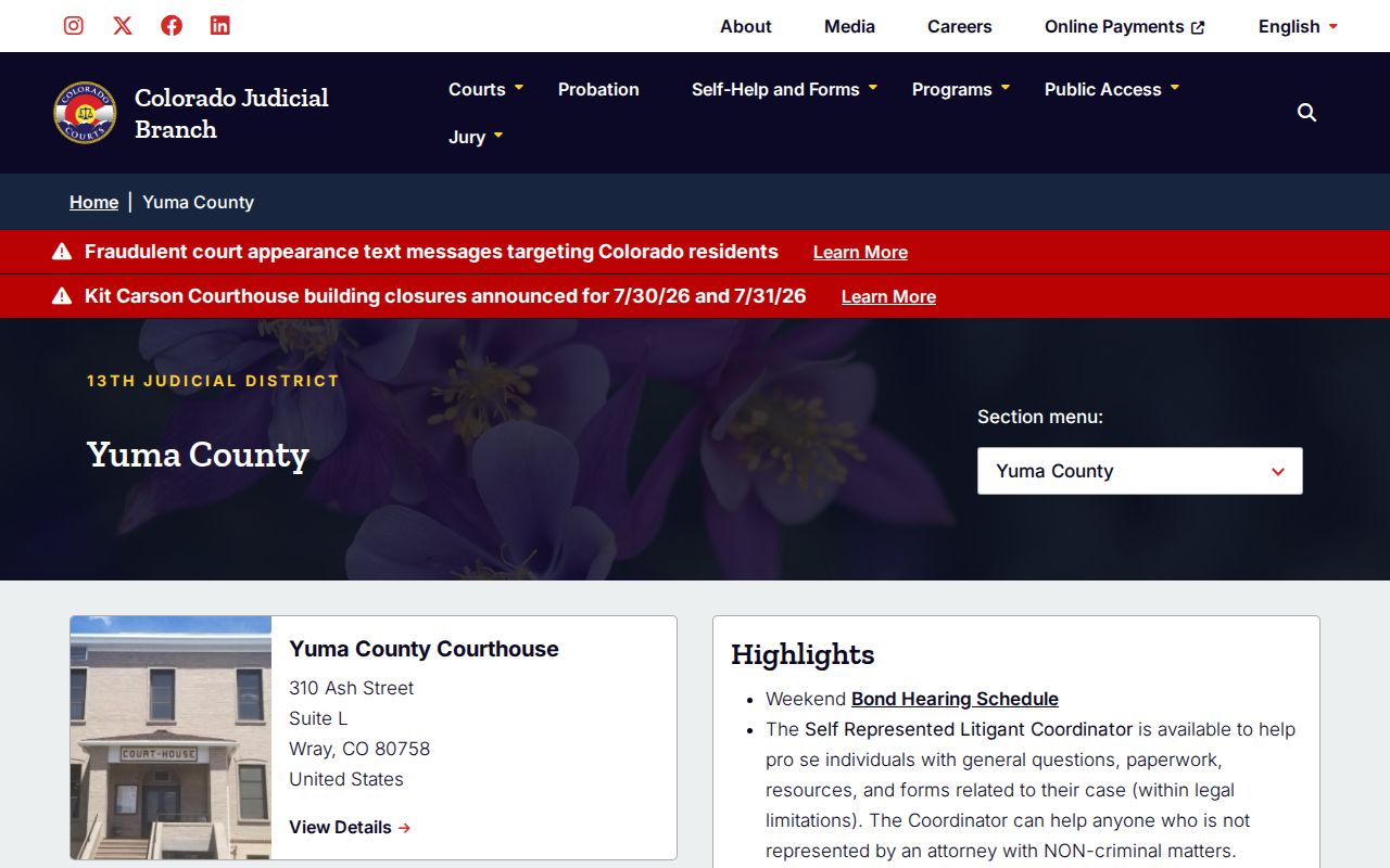 Colorado Judicial Branch Yuma County court page with docket and records links