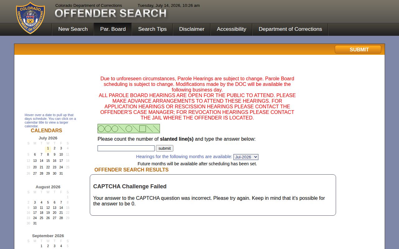 CDOC parole board monthly calendar interface