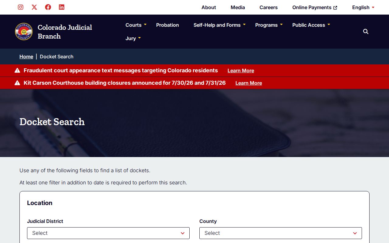 Colorado Judicial Branch docket search used to reconstruct Yuma County release events over three days